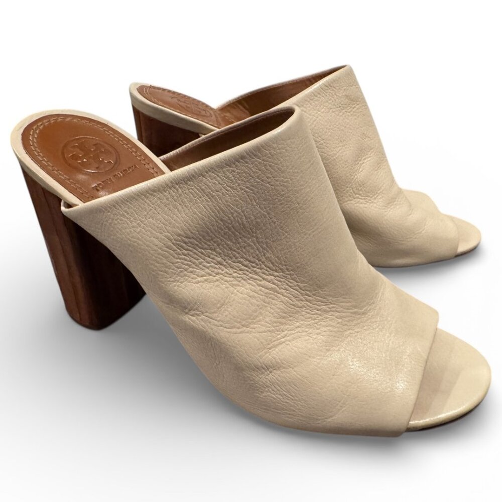 Tory Burch Raya Leather Open Toe Block Heel Mules Cream | Women’s 9.5 Designer - Picture 2 of 9
